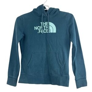 00497-The North Face Teal Blue Graphic Hoodie Sweatshirt Small S Hooded Pullover